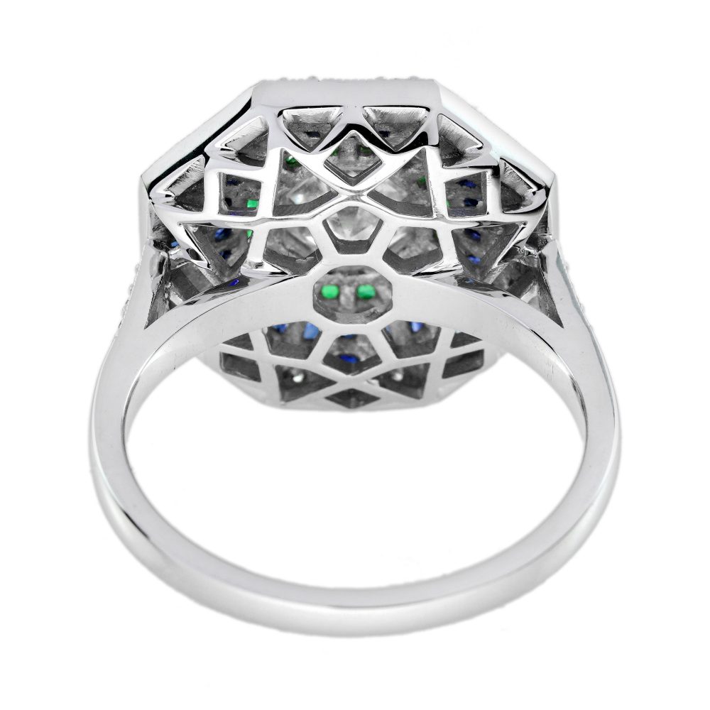 1.01ct Asscher Cut Diamond Emerald Sapphire Octagonal Cluster Ring in 18ct White Gold