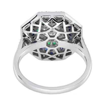 1.01ct Asscher Cut Diamond Emerald Sapphire Octagonal Cluster Ring in 18ct White Gold