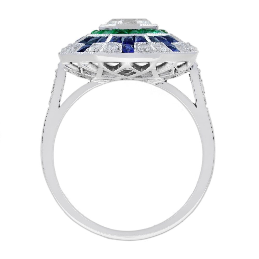 1.01ct Asscher Cut Diamond Emerald Sapphire Octagonal Cluster Ring in 18ct White Gold