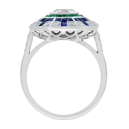 1.01ct Asscher Cut Diamond Emerald Sapphire Octagonal Cluster Ring in 18ct White Gold