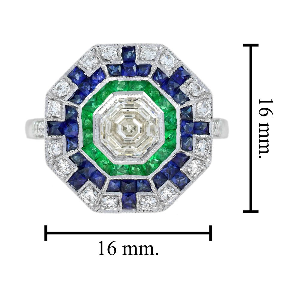 1.01ct Asscher Cut Diamond Emerald Sapphire Octagonal Cluster Ring in 18ct White Gold