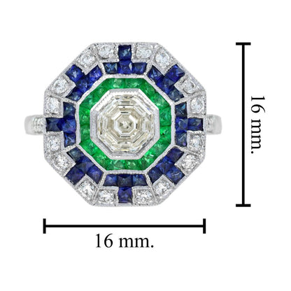 1.01ct Asscher Cut Diamond Emerald Sapphire Octagonal Cluster Ring in 18ct White Gold