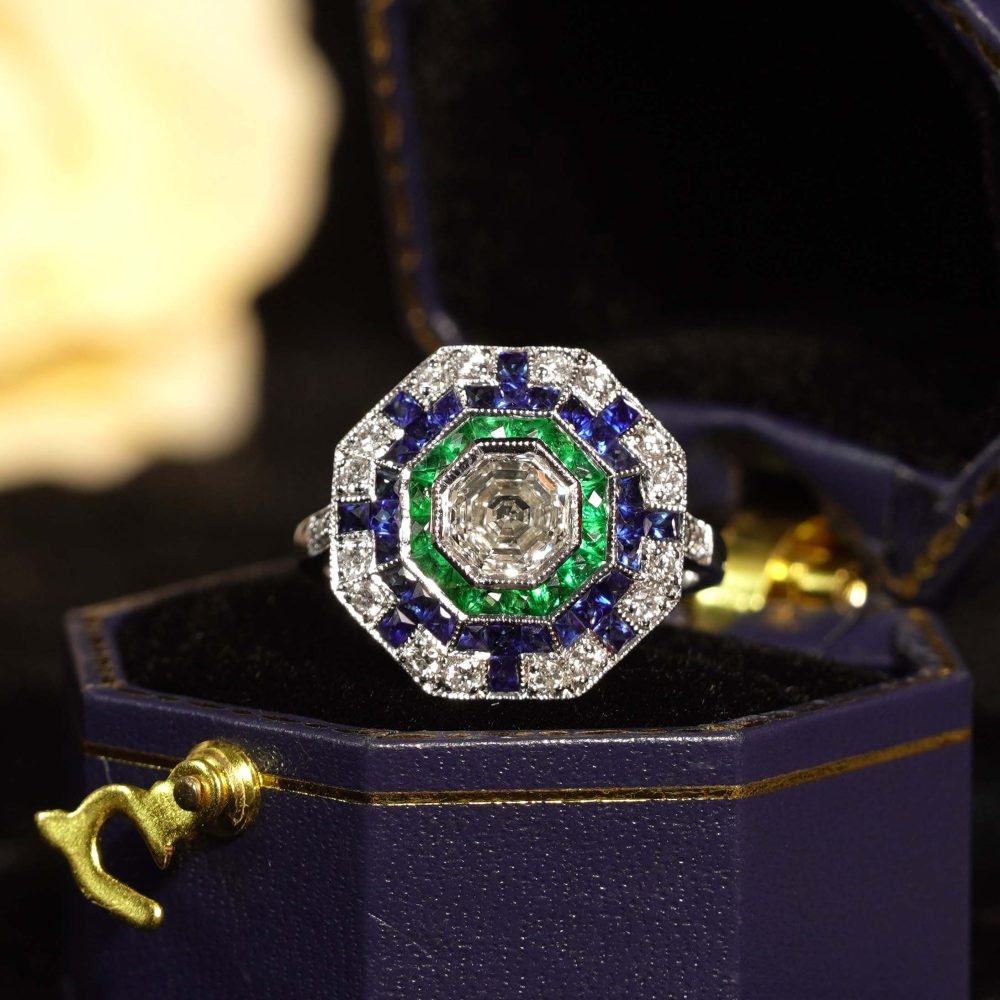 1.01ct Asscher Cut Diamond Emerald Sapphire Octagonal Cluster Ring in 18ct White Gold