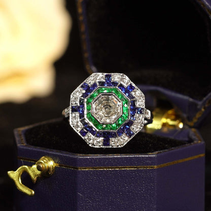 1.01ct Asscher Cut Diamond Emerald Sapphire Octagonal Cluster Ring in 18ct White Gold