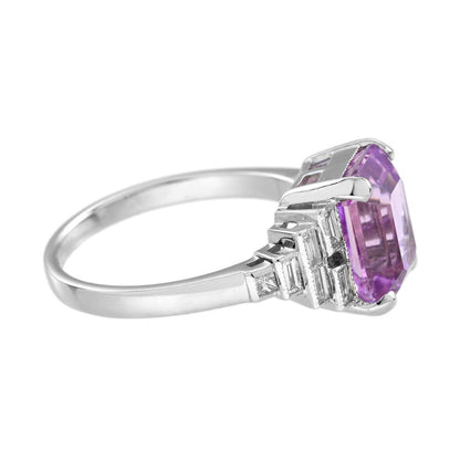 4.20ct Pink Kunzite and Baguette Diamond Engagement Ring