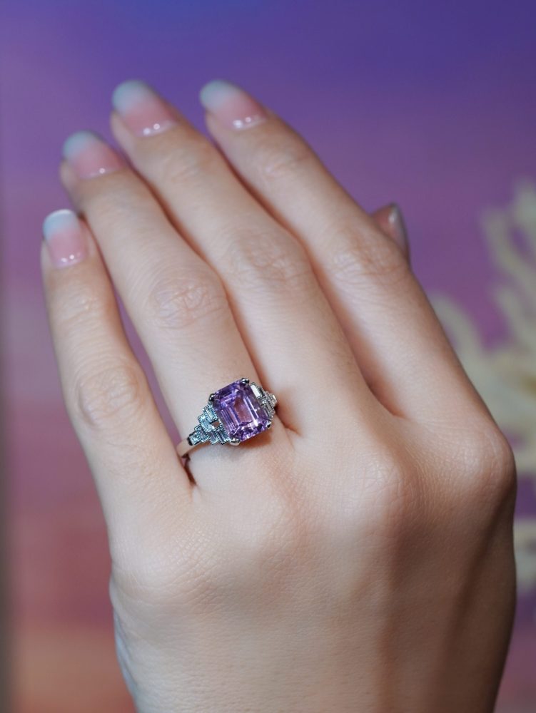 Pink Kunzite and Baguette Diamond Engagement Ring