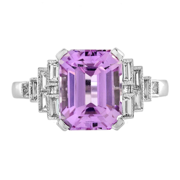 Pink Kunzite and Baguette Diamond Engagement Ring