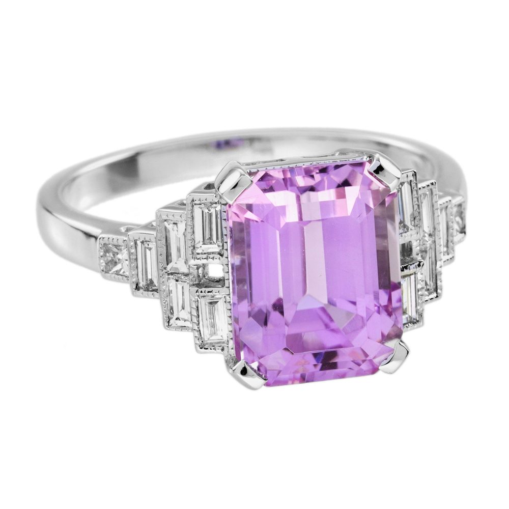 Pink Kunzite and Baguette Diamond Engagement Ring