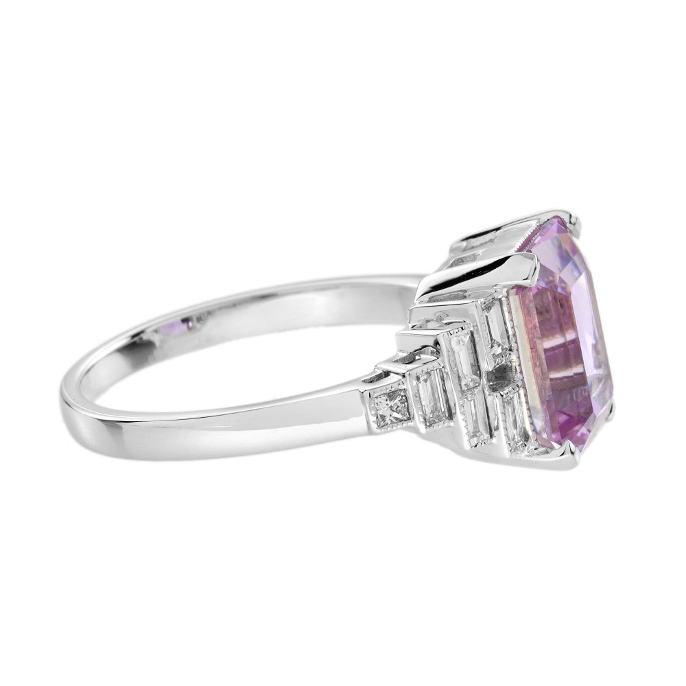 Pink Kunzite and Baguette Diamond Engagement Ring