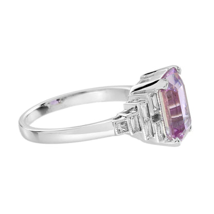 Pink Kunzite and Baguette Diamond Engagement Ring