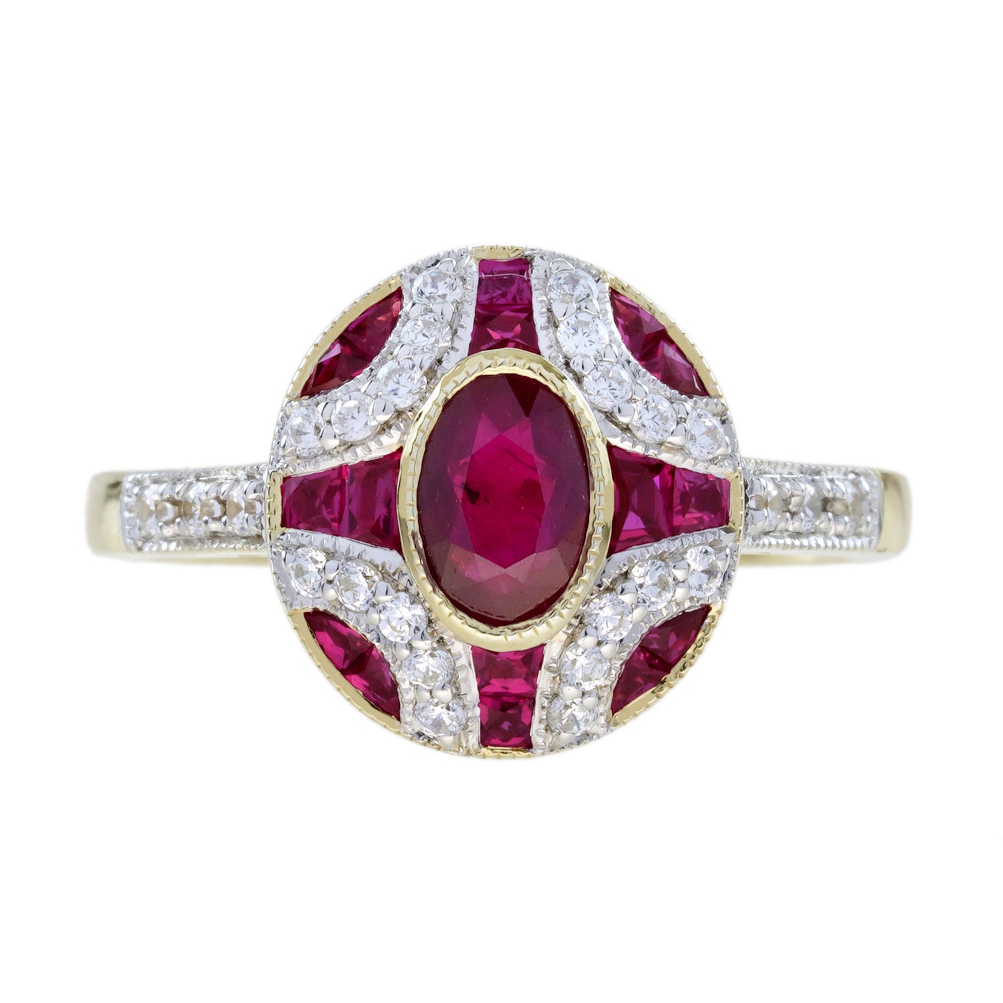 Ruby and Diamond Oval Cluster Engagement Ring in 18ct Gold
