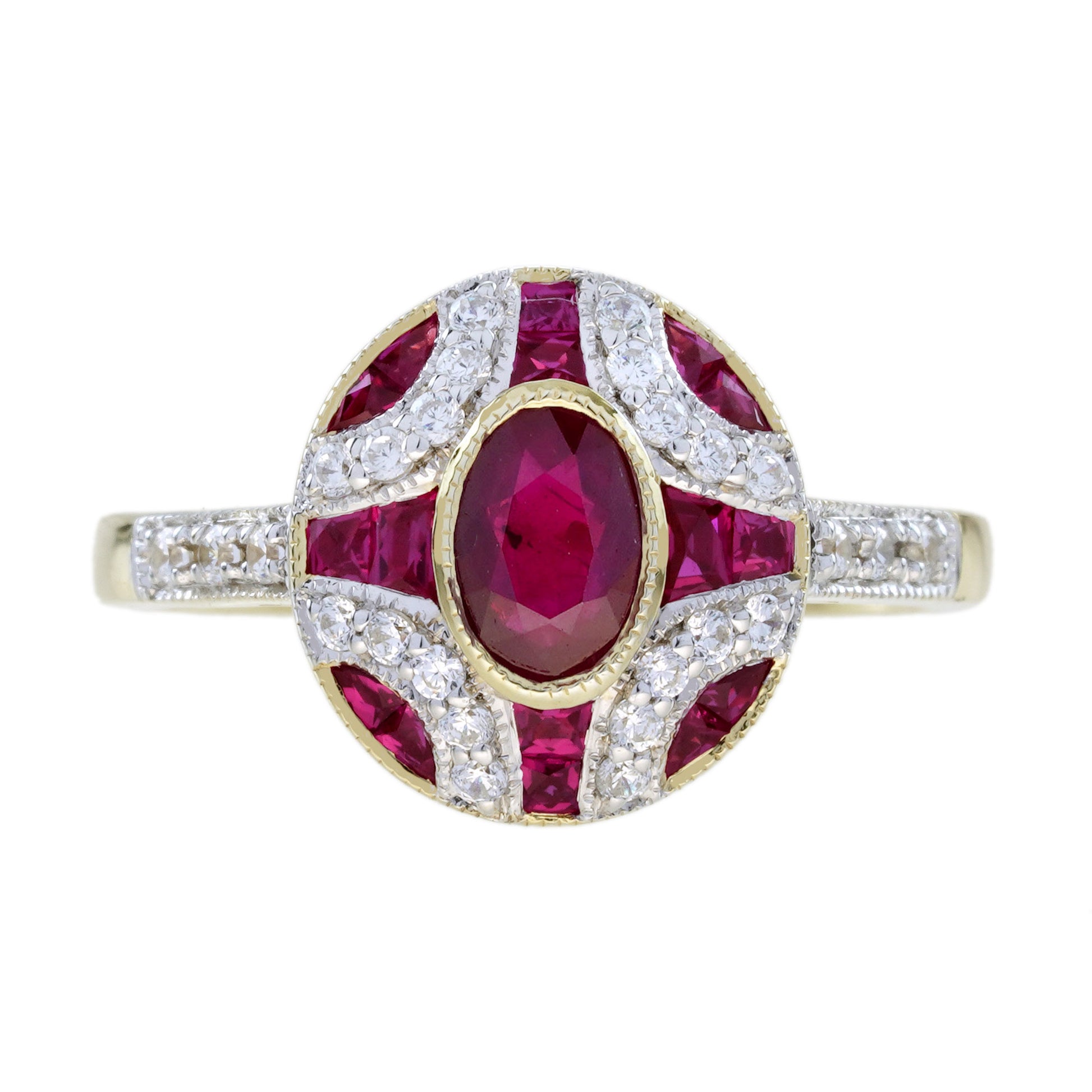 Ruby and Diamond Oval Cluster Engagement Ring in 18ct Gold