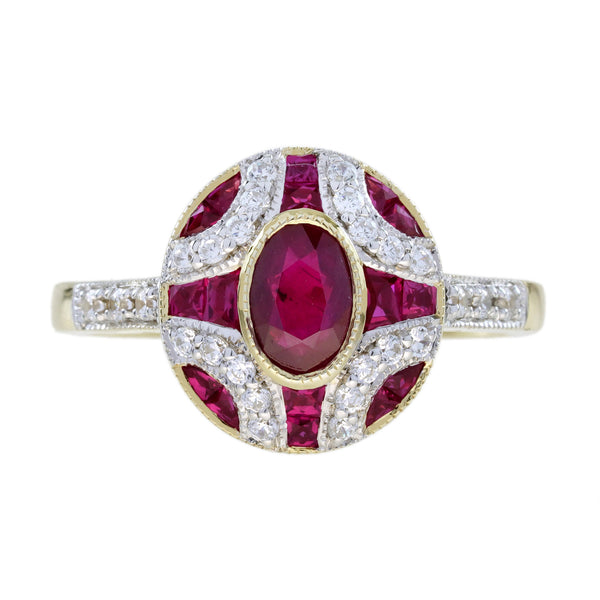 Ruby and Diamond Oval Cluster Engagement Ring in 18ct Gold