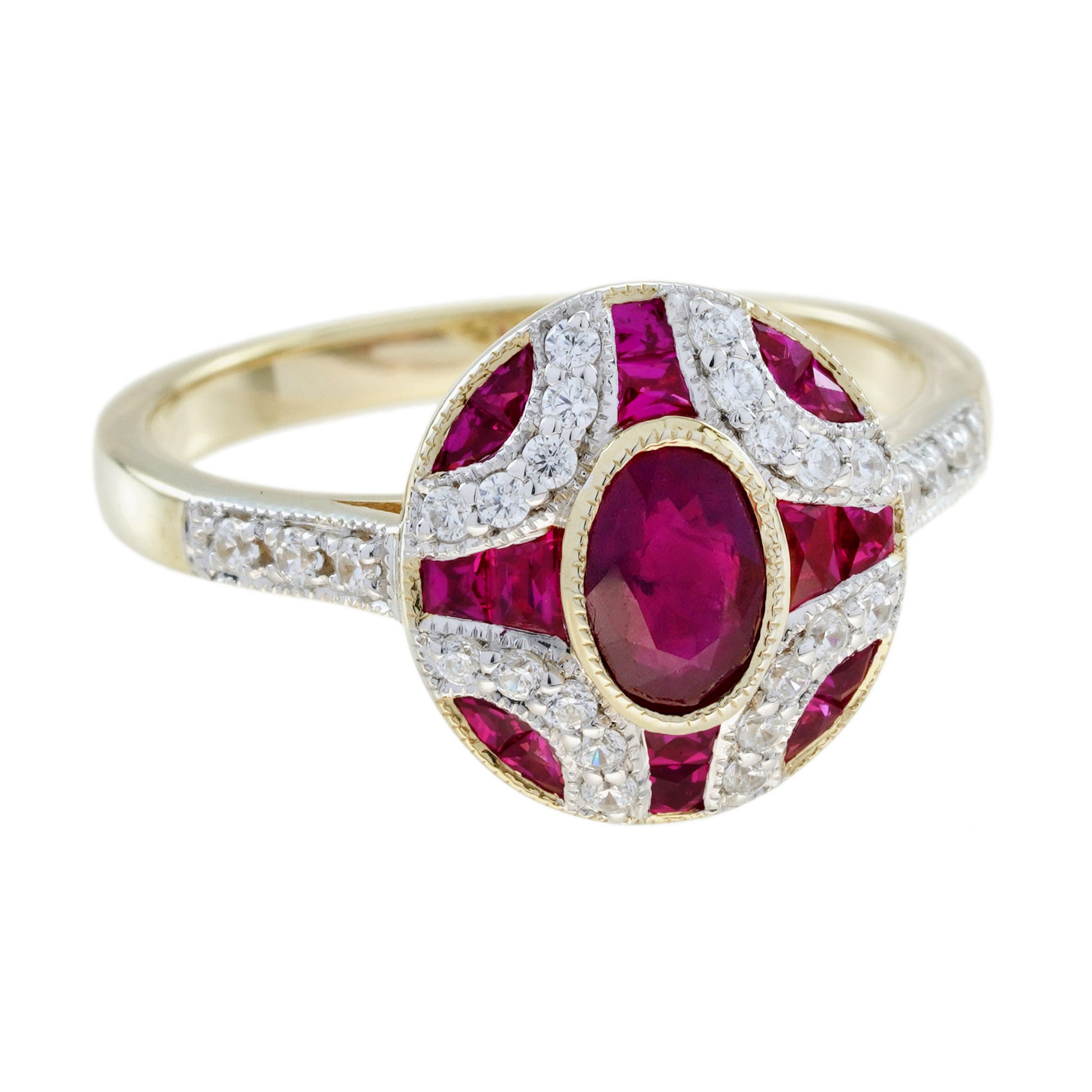 Ruby and Diamond Oval Cluster Engagement Ring in 18ct Gold