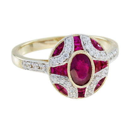 Ruby and Diamond Oval Cluster Engagement Ring in 18ct Gold