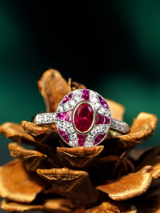 Ruby and Diamond Oval Cluster Engagement Ring in 18ct Gold
