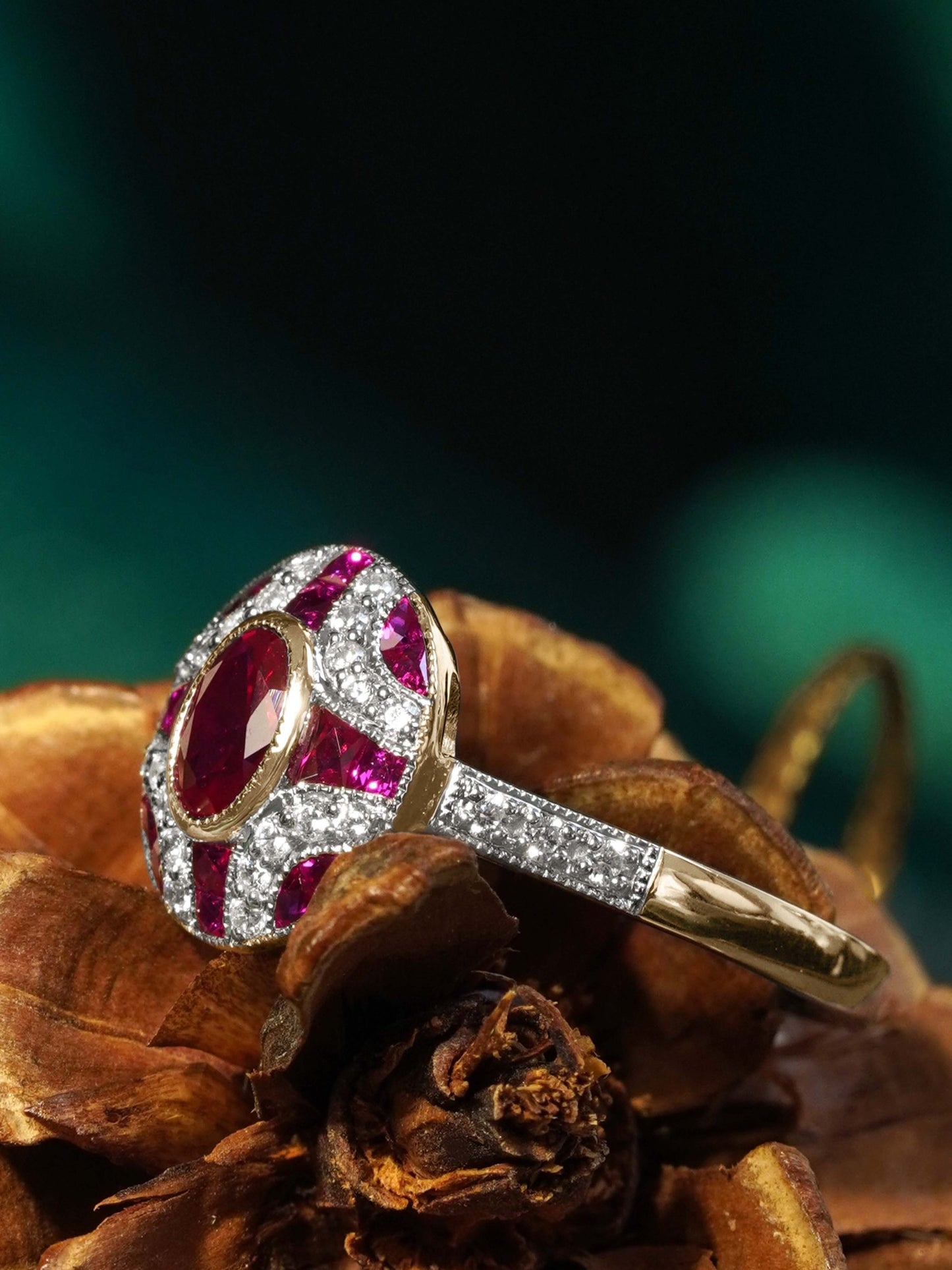 Ruby and Diamond Oval Cluster Engagement Ring in 18ct Gold