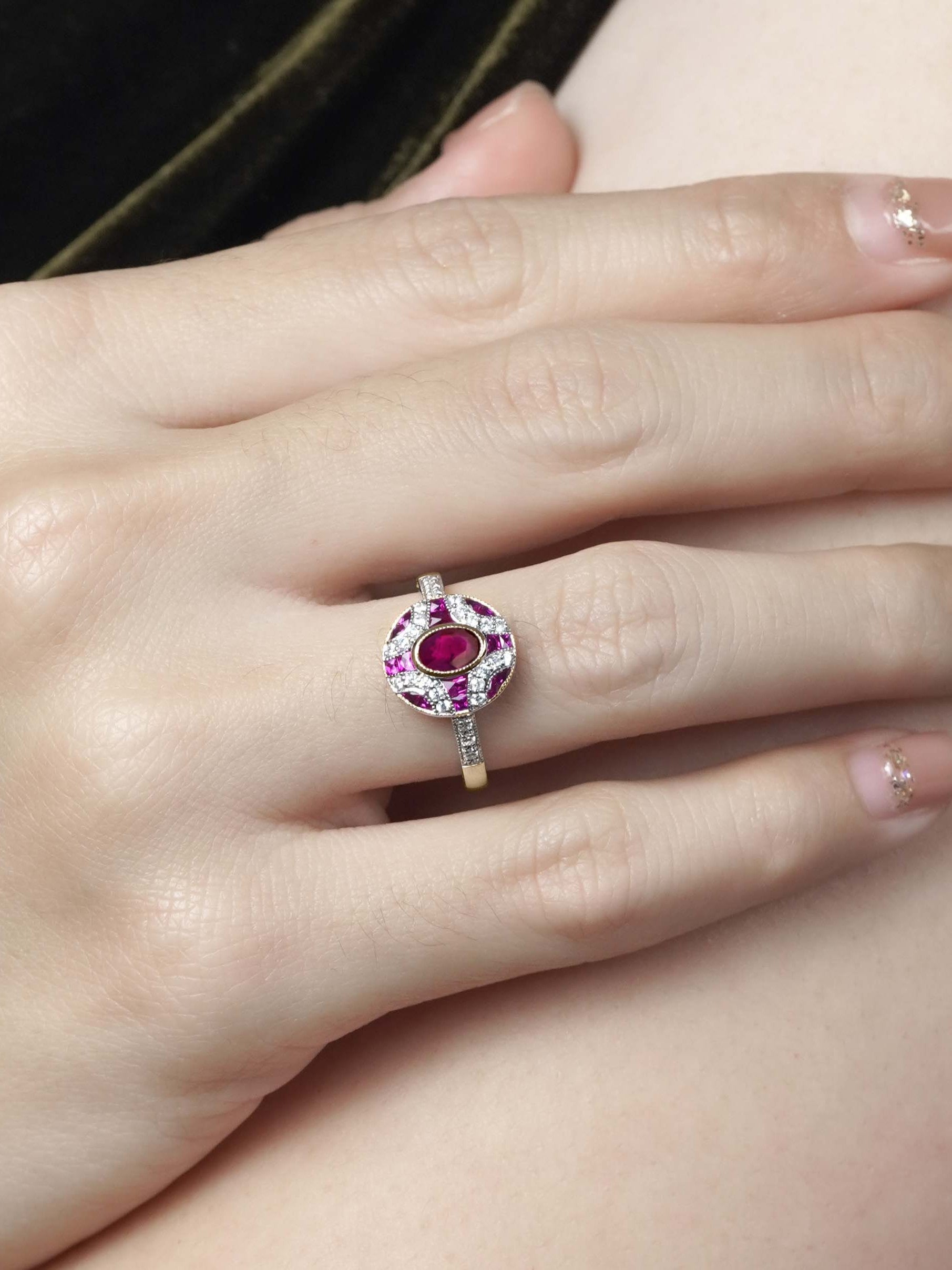 Ruby and Diamond Oval Cluster Engagement Ring in 18ct Gold