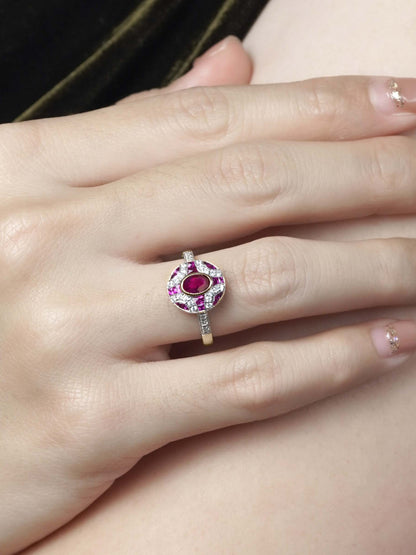 Ruby and Diamond Oval Cluster Engagement Ring in 18ct Gold