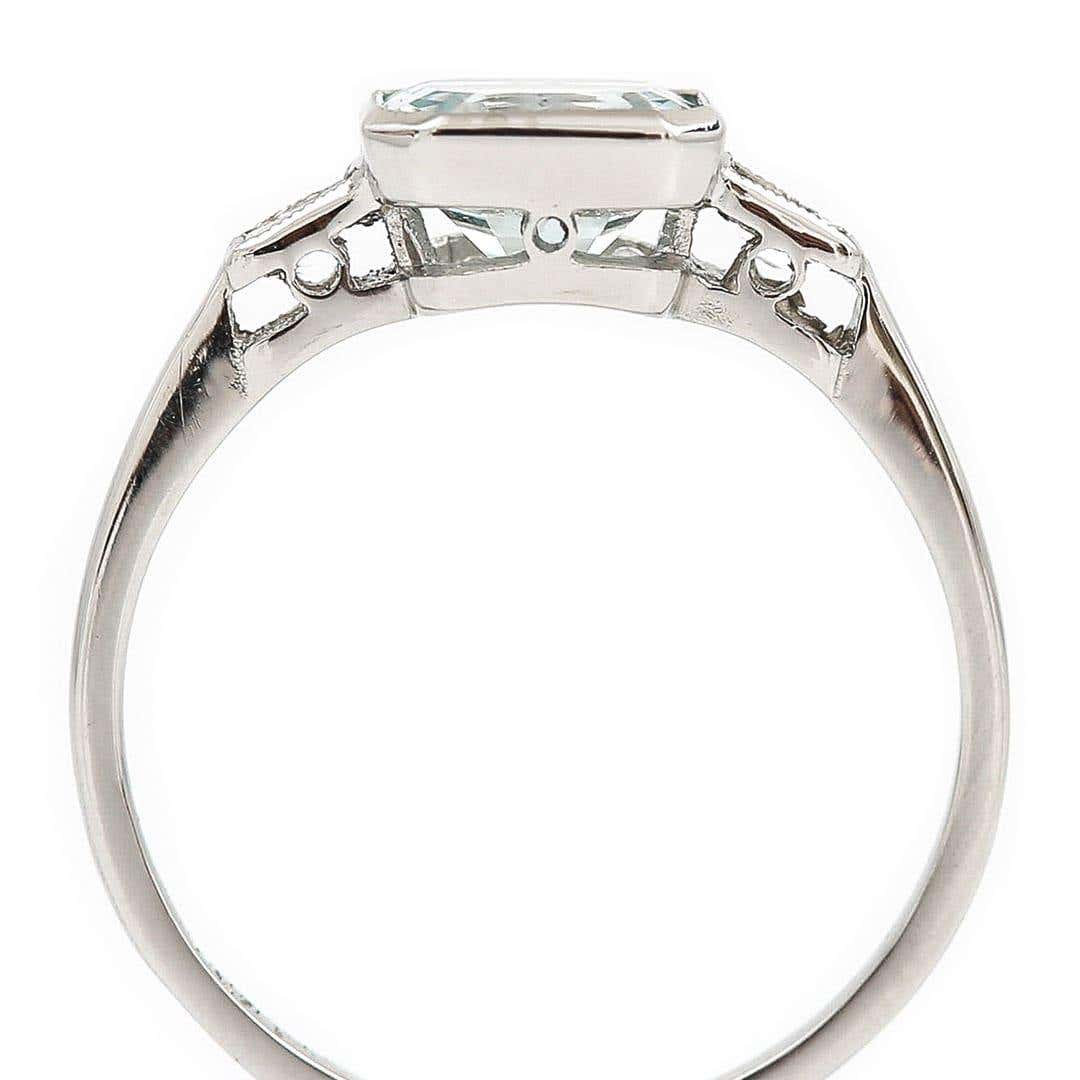 Art Deco Style Platinum Fancy Square Cut Aquamarine and Baguette Diamond Ring