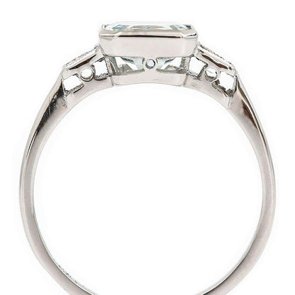 Art Deco Style Platinum Fancy Square Cut Aquamarine and Baguette Diamond Ring