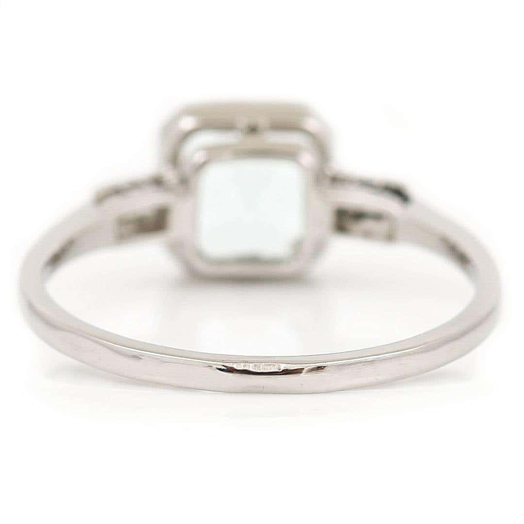 Art Deco Style Platinum Fancy Square Cut Aquamarine and Baguette Diamond Ring