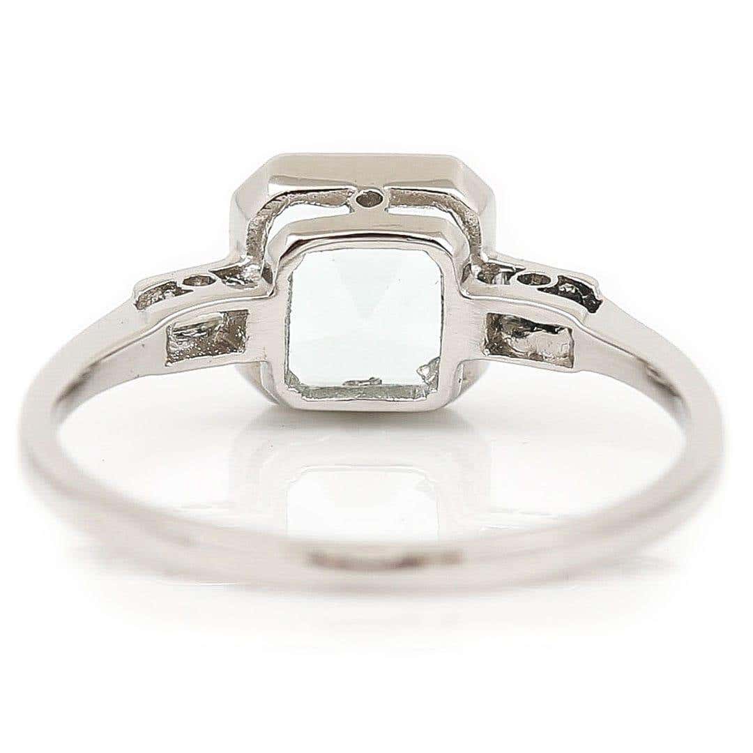 Art Deco Style Platinum Fancy Square Cut Aquamarine and Baguette Diamond Ring
