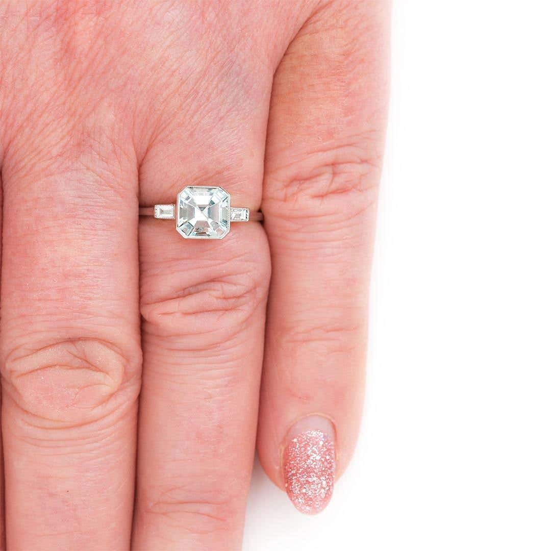 Art Deco Style Platinum Fancy Square Cut Aquamarine and Baguette Diamond Ring