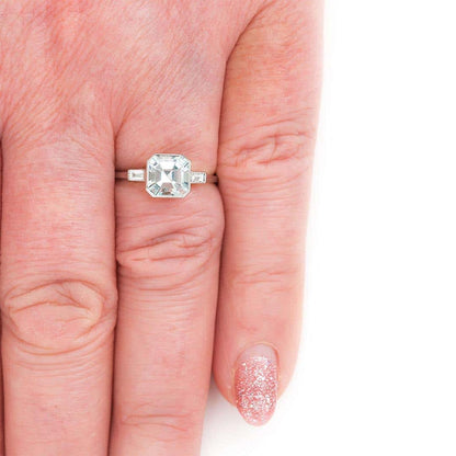 Art Deco Style Platinum Fancy Square Cut Aquamarine and Baguette Diamond Ring