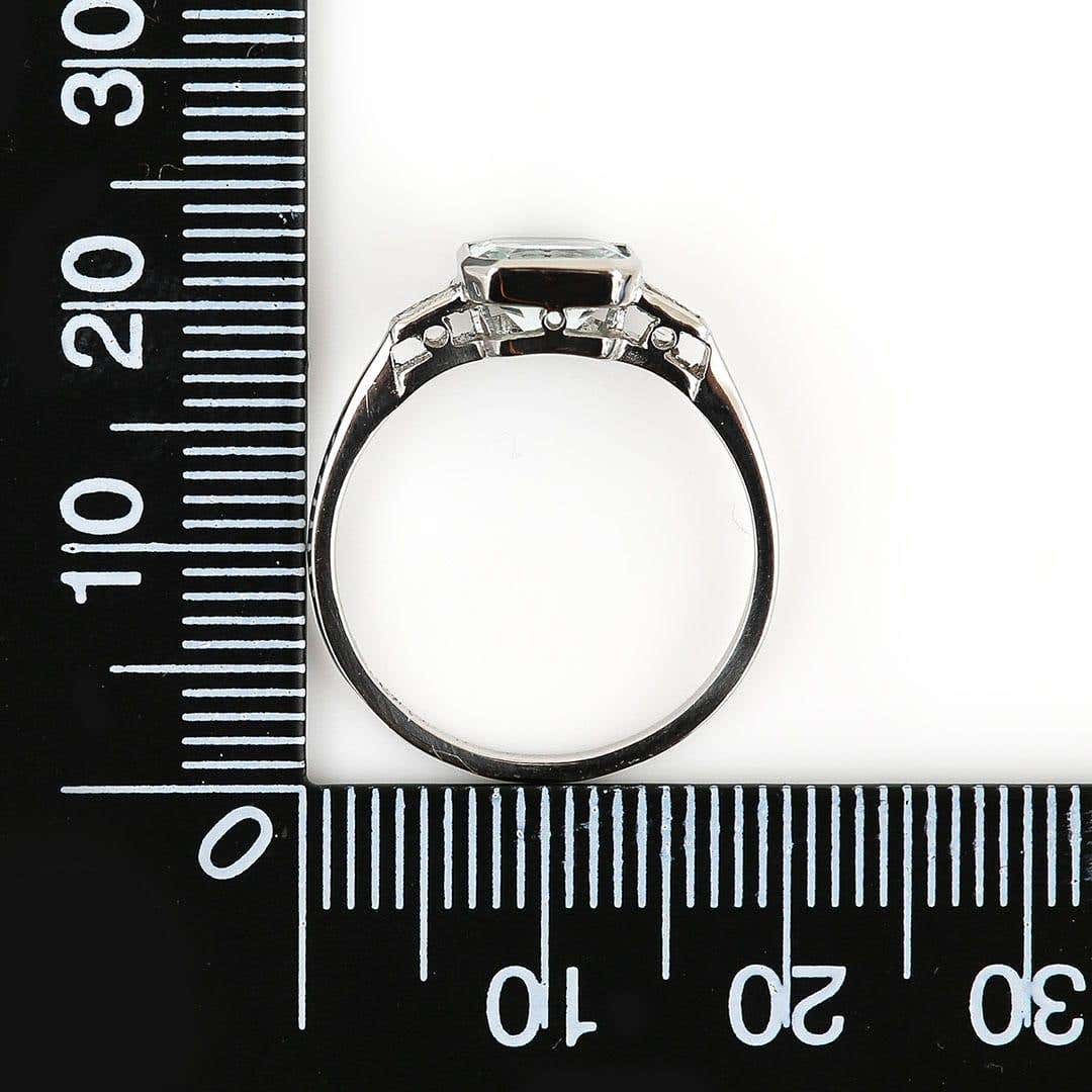 Art Deco Style Platinum Fancy Square Cut Aquamarine and Baguette Diamond Ring