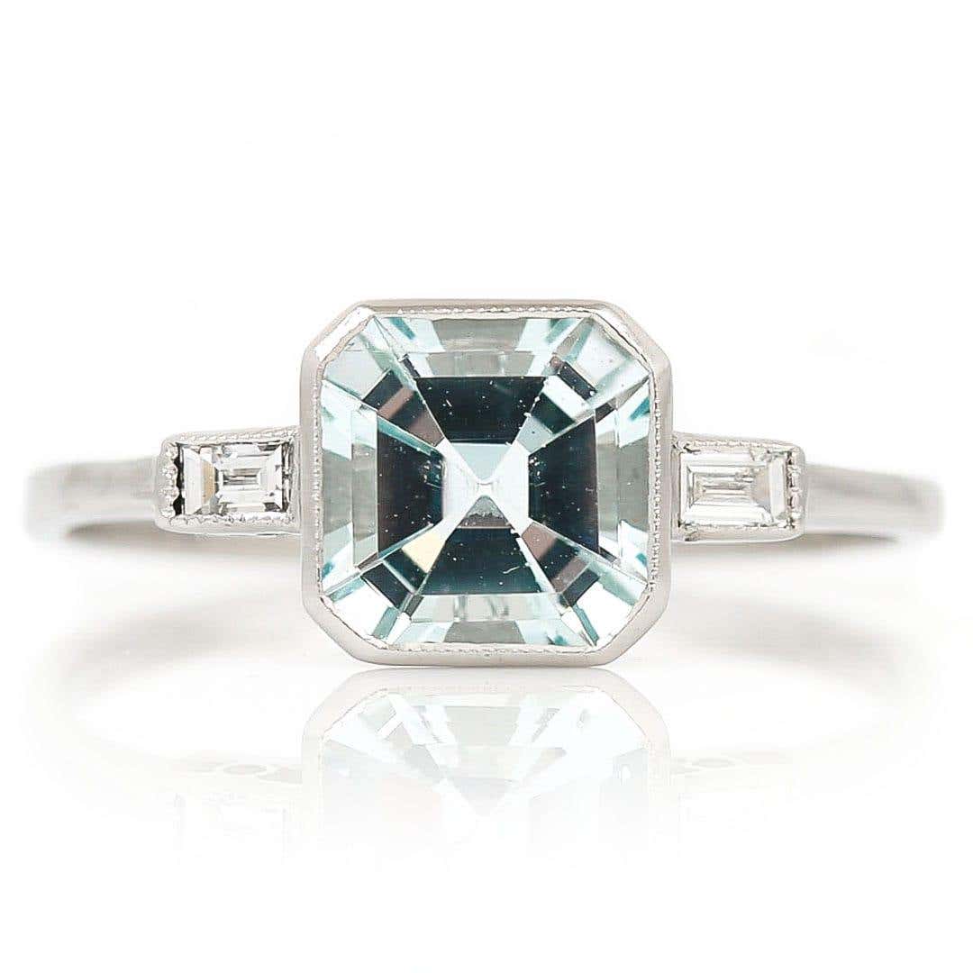Art Deco Style Platinum Fancy Square Cut Aquamarine and Baguette Diamond Ring