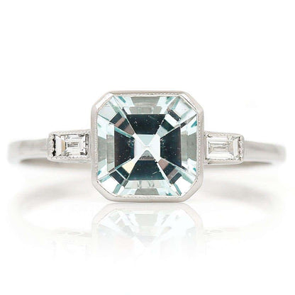 Art Deco Style Platinum Fancy Square Cut Aquamarine and Baguette Diamond Ring