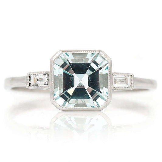 Art Deco Style Platinum Fancy Square Cut Aquamarine and Baguette Diamond Ring