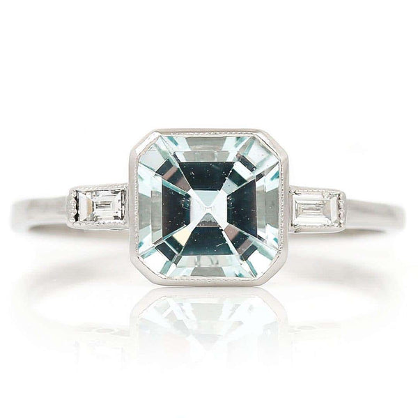 Art Deco Style Platinum Fancy Square Cut Aquamarine and Baguette Diamond Ring