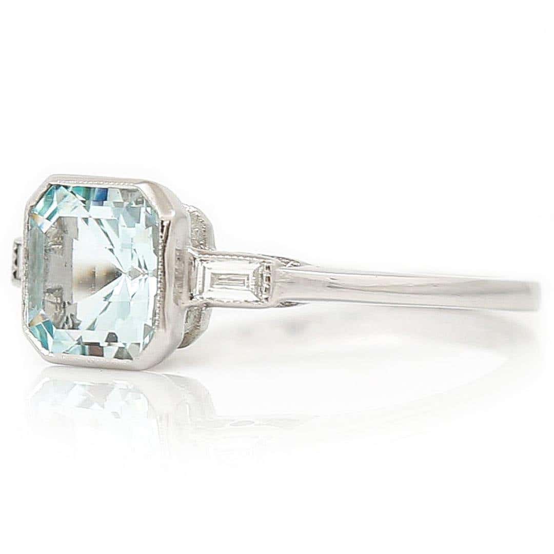 Art Deco Style Platinum Fancy Square Cut Aquamarine and Baguette Diamond Ring