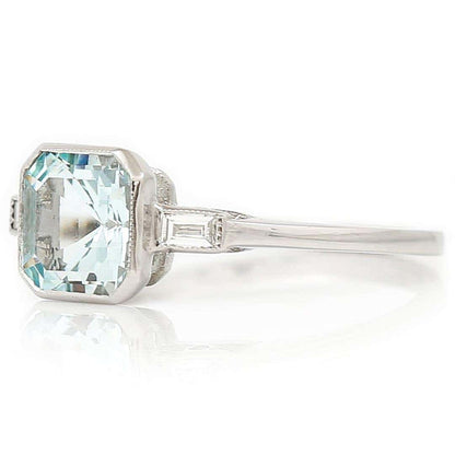 Art Deco Style Platinum Fancy Square Cut Aquamarine and Baguette Diamond Ring