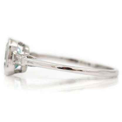Art Deco Style Platinum Fancy Square Cut Aquamarine and Baguette Diamond Ring