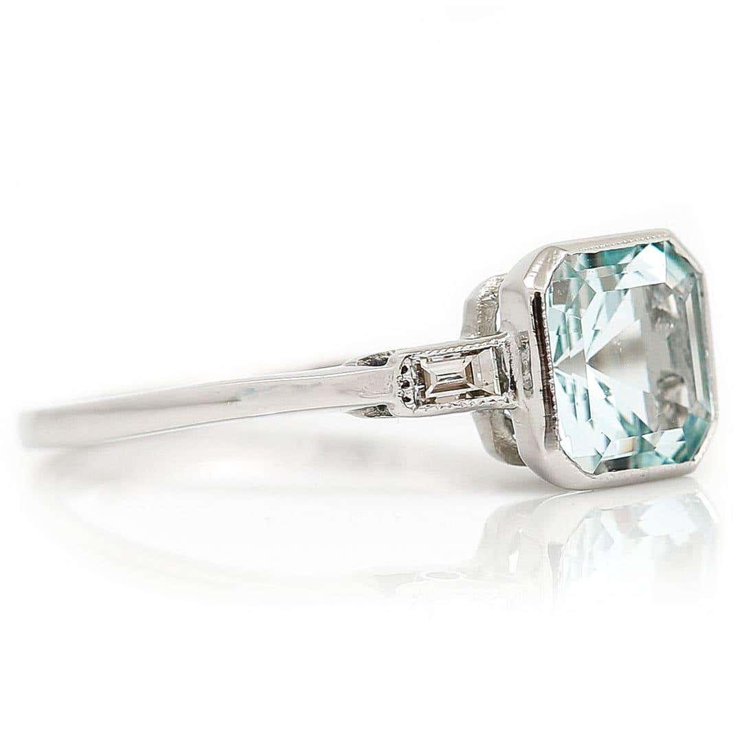 Art Deco Style Platinum Fancy Square Cut Aquamarine and Baguette Diamond Ring