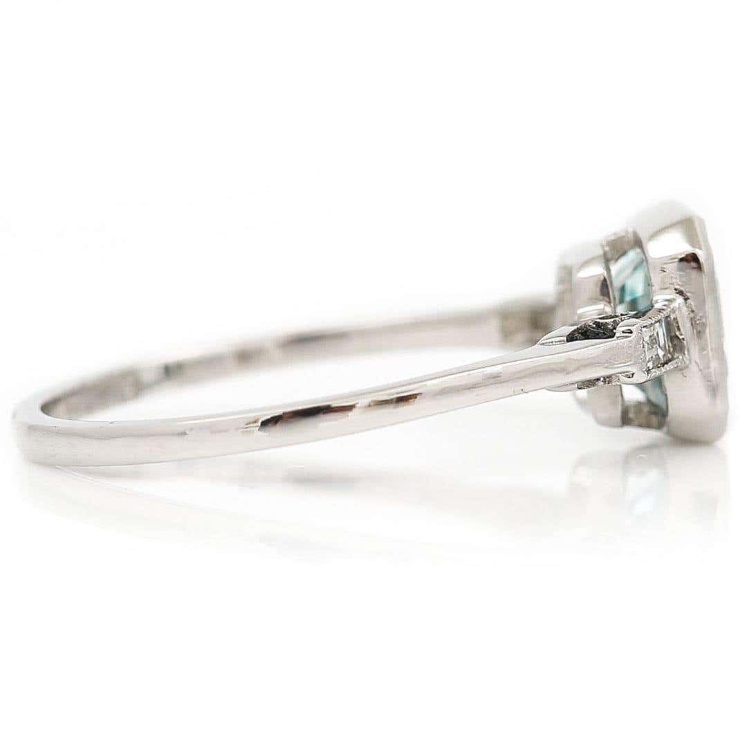 Art Deco Style Platinum Fancy Square Cut Aquamarine and Baguette Diamond Ring