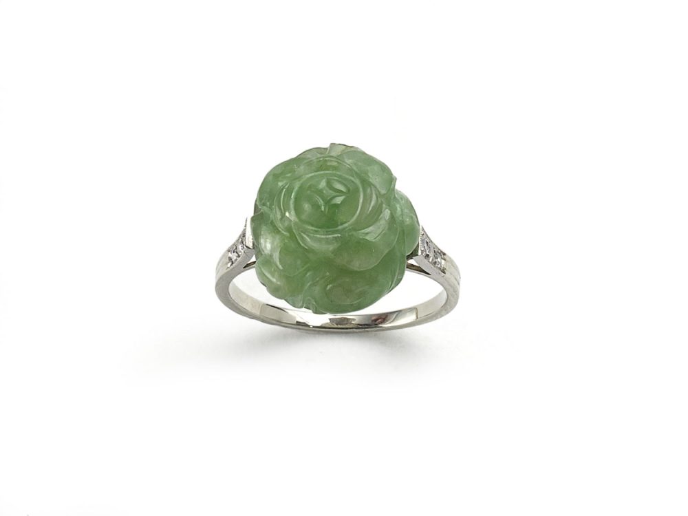Antique Art Deco Carved Jadeite Jade Diamond Gold Ring
