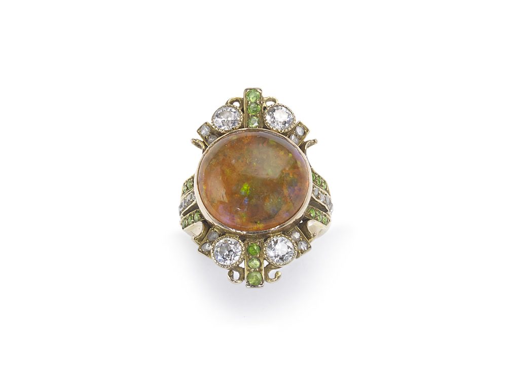 Antique Art Nouveau Fire Opal Demantoid Garnet Diamond Gold Ring