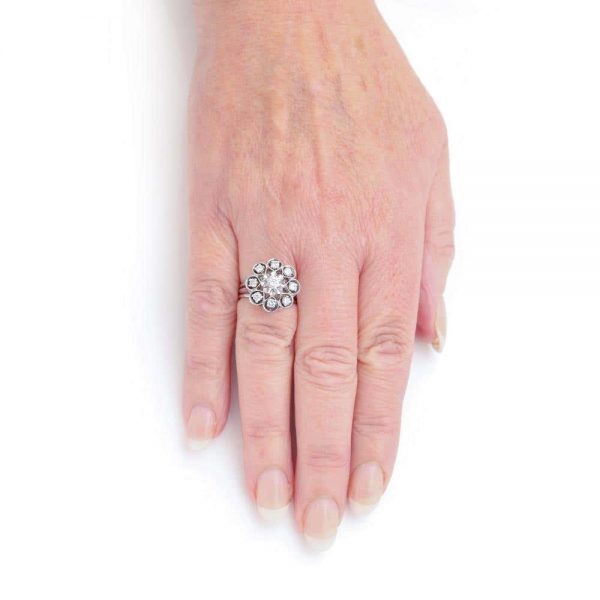 Vintage 0.80 Carat Diamond Floral Cluster Dome Ring 1960s 18ct White Gold