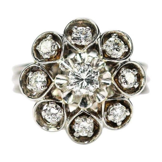 Vintage 0.80 Carat Diamond Floral Cluster Dome Ring 1960s 18ct White Gold