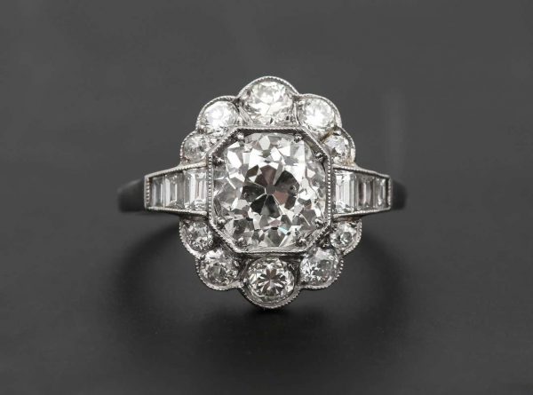Antique 2.55 Carat Old Mine Cut Platinum Diamond Cluster Art Deco Engagement Ring c.1920