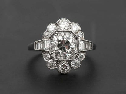 Antique 2.55 Carat Old Mine Cut Platinum Diamond Cluster Art Deco Engagement Ring c.1920