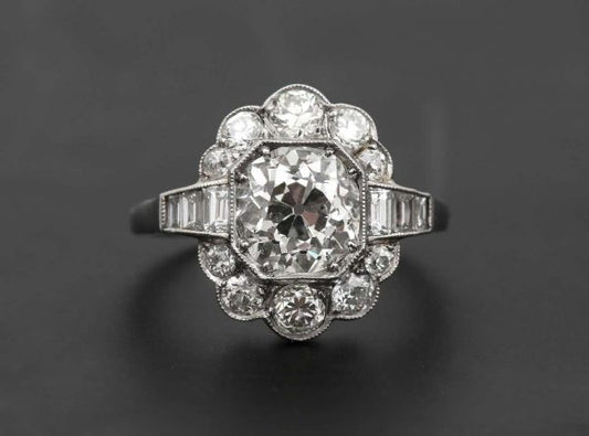 Antique 2.55 Carat Old Mine Cut Platinum Diamond Cluster Art Deco Engagement Ring c.1920