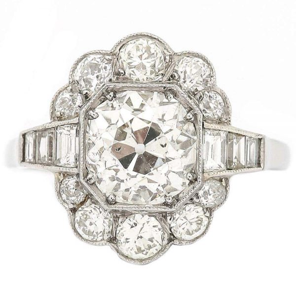 Antique 2.55 Carat Old Mine Cut Platinum Diamond Cluster Art Deco Engagement Ring c.1920