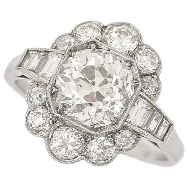 Antique 2.55 Carat Old Mine Cut Platinum Diamond Cluster Art Deco Engagement Ring c.1920