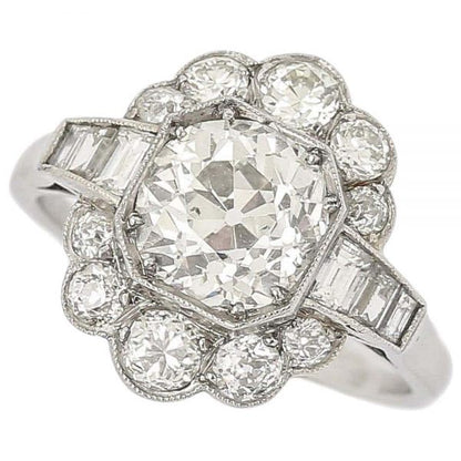 Antique 2.55 Carat Old Mine Cut Platinum Diamond Cluster Art Deco Engagement Ring c.1920