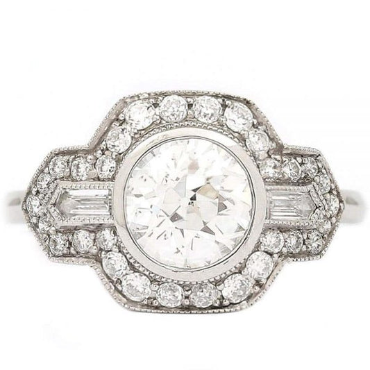 Platinum Round Old Mine Cut Diamond 1.19 Carat Cluster Engagement Ring
